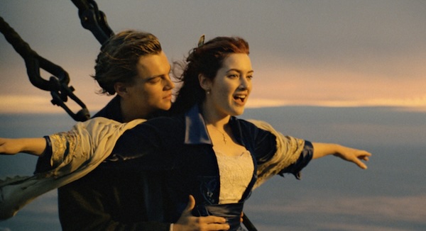 Iconic scene from Titanic featuring Leonardo DiCaprio and Kate Winslet